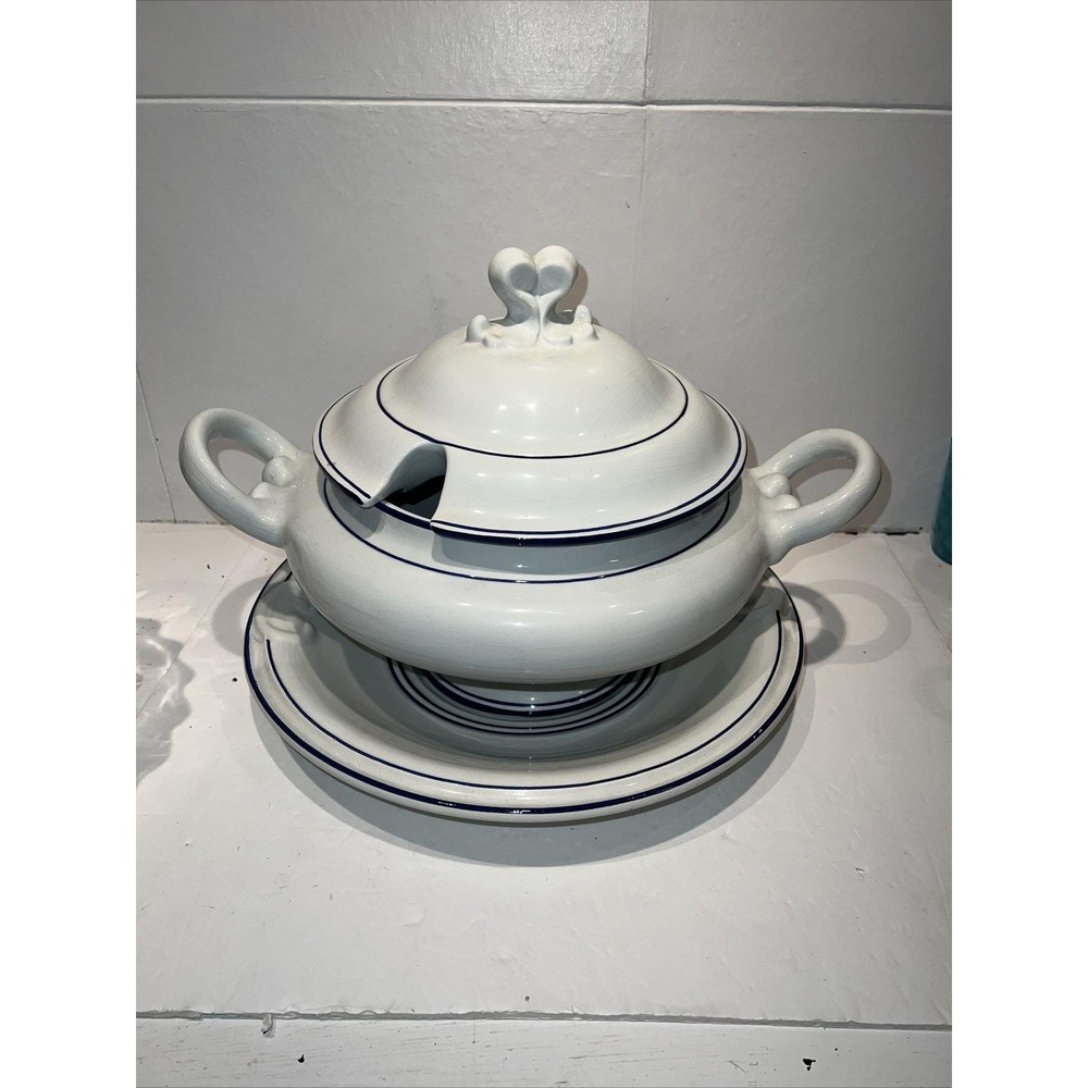 Soup Tureen Blue White Portugal Majolica 3 Pieces OAL Handpainted 4166 Maker ?